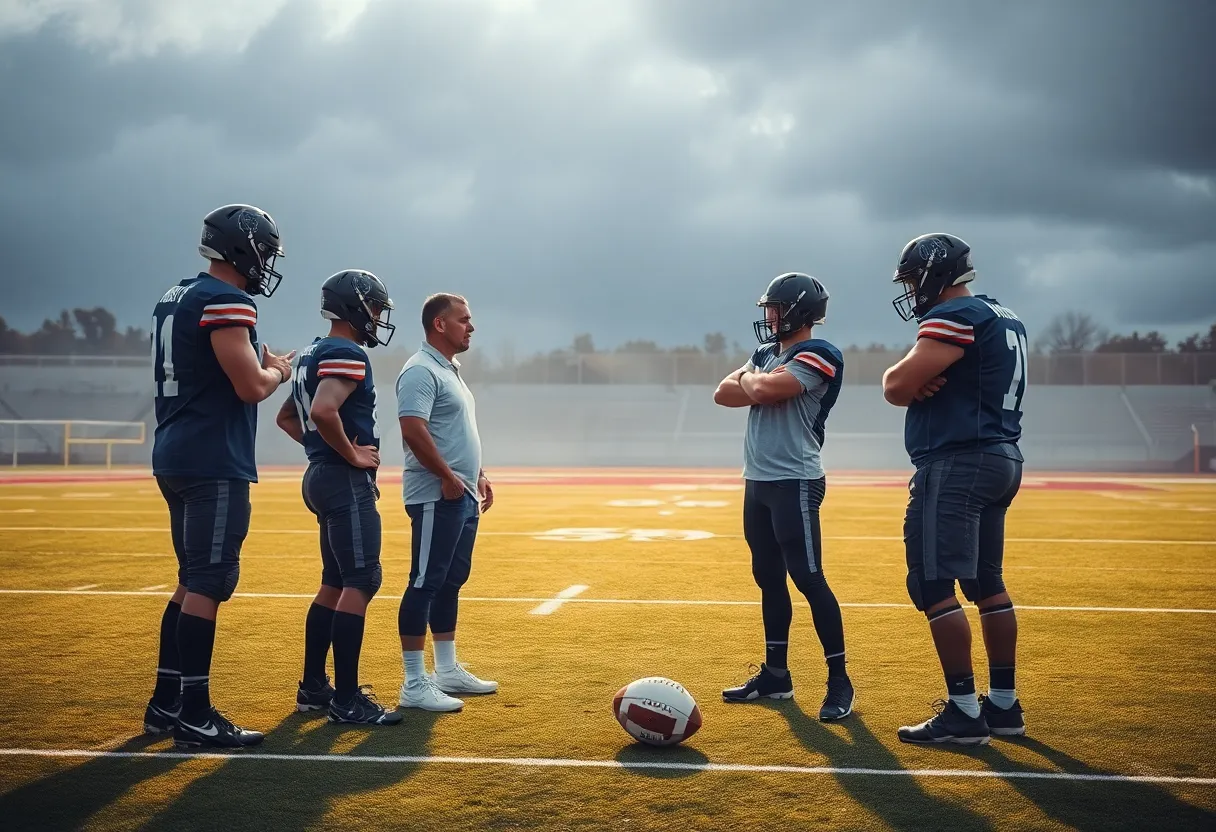 Abstract view of a football coach strategizing with players on a football field.