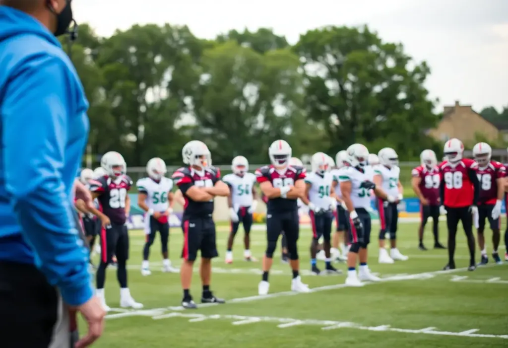 Football team practice with a coach and players