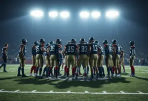 New York Jets team in a huddle discussing strategy