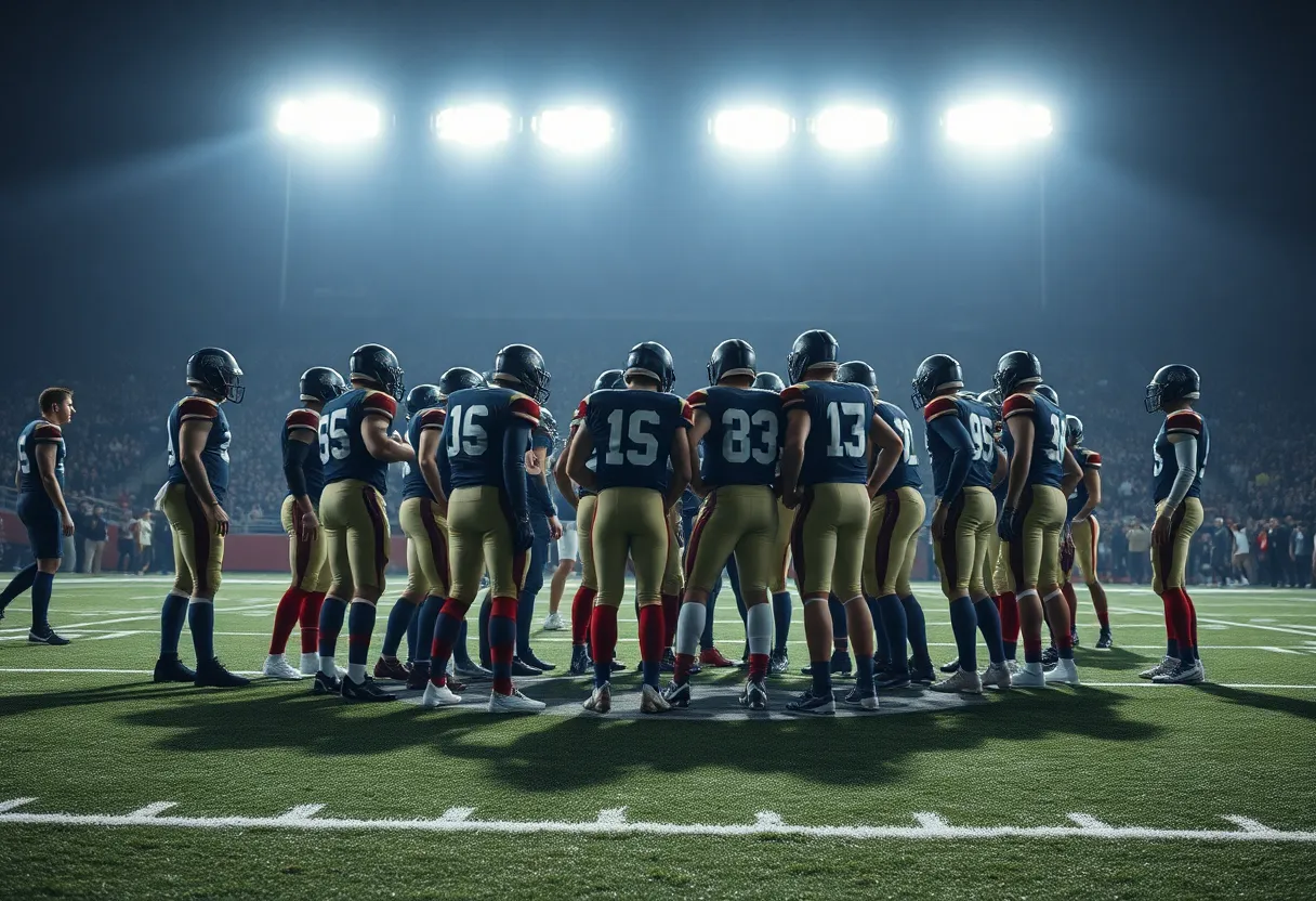 New York Jets team in a huddle discussing strategy