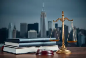 Visual symbolizing New York's labor law amendment with justice scales and skyline