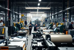 Workers in a New York manufacturing facility using advanced technology