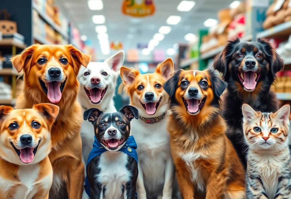 Diverse group of pets in an online shopping setting