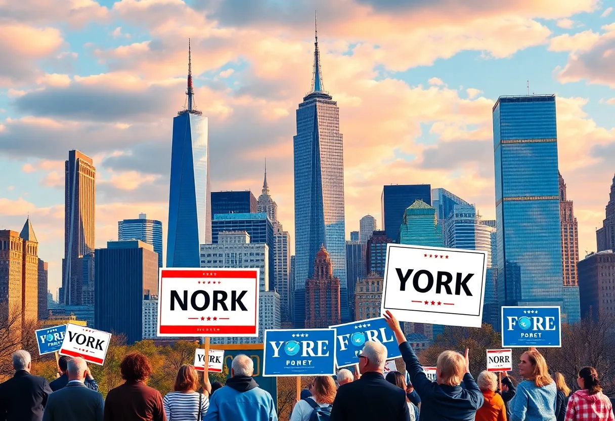 A colorful view of New York City with political campaign elements.