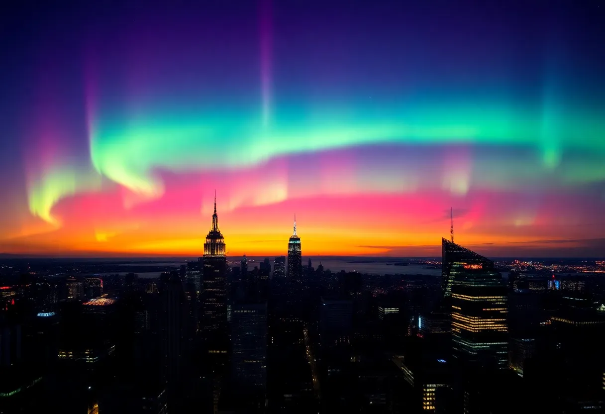 Northern Lights illuminating the New York City skyline