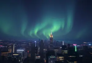 Aurora borealis over New York City skyline at night