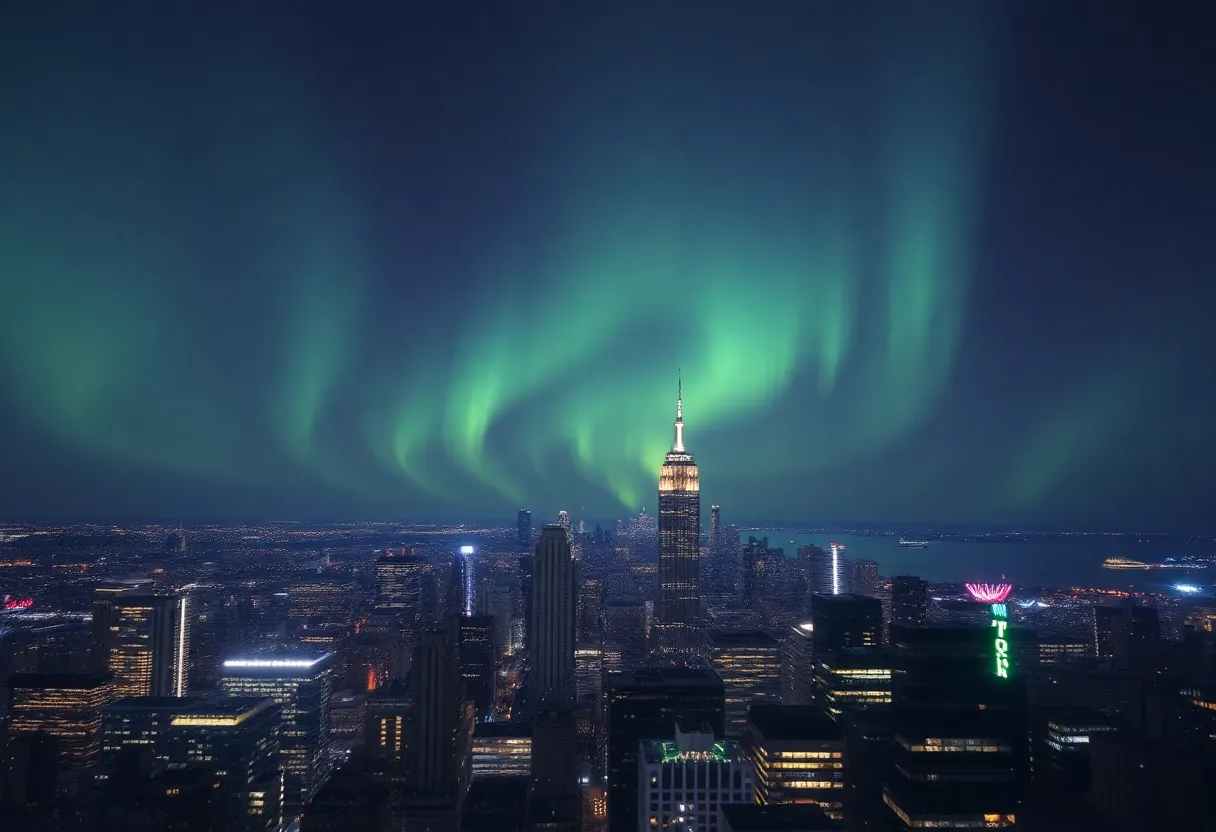 Aurora borealis over New York City skyline at night
