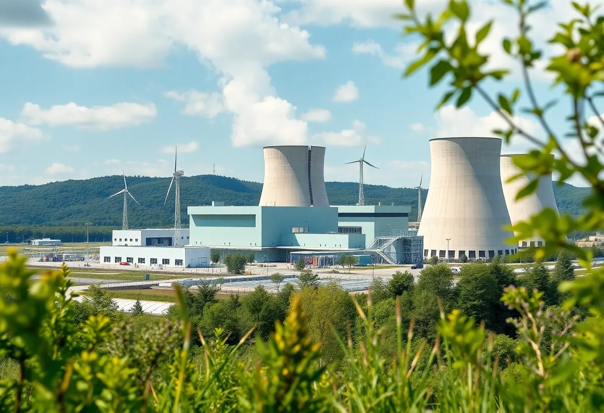 A nuclear power plant with greenery and blue skies