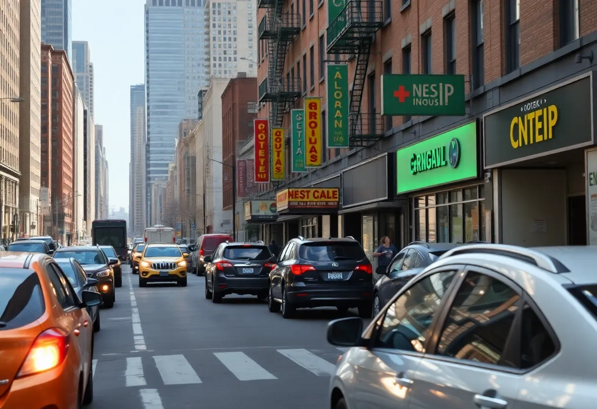 Busy New York City street showcasing various businesses affected by high auto insurance costs.