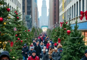 Christmas tree vendors in New York City with festive decorations and trees.
