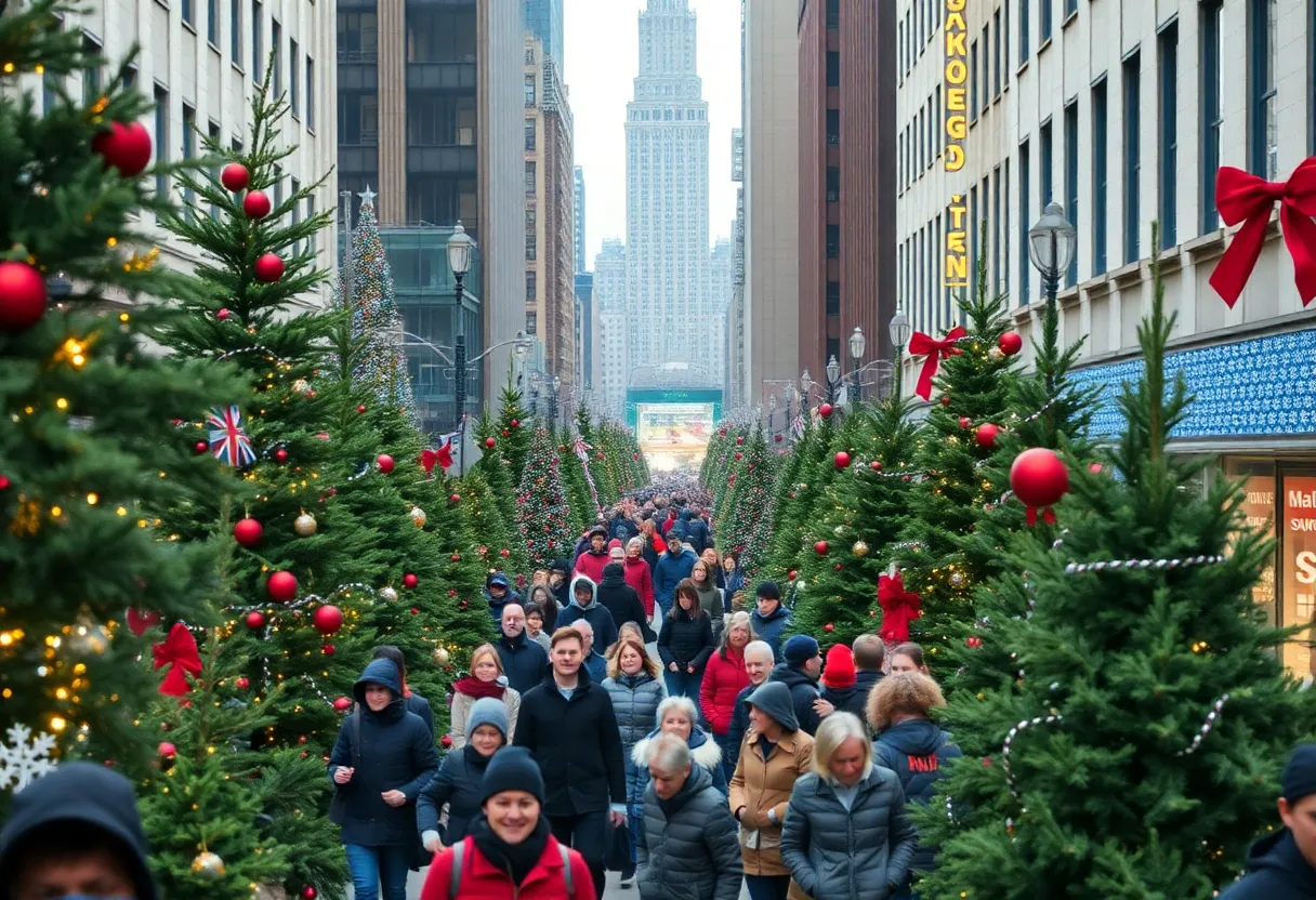 Christmas tree vendors in New York City with festive decorations and trees.