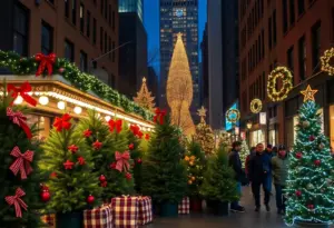 New York City street with Christmas trees for sale during the holiday season