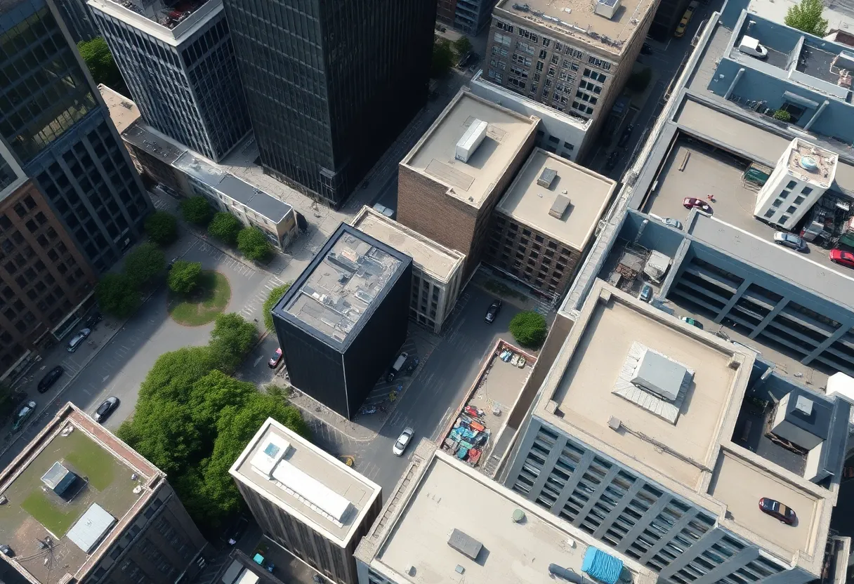 Aerial view of New York City with a focus on organized waste management in commercial areas.