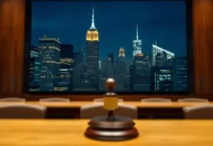 New York City skyline with courtroom representation