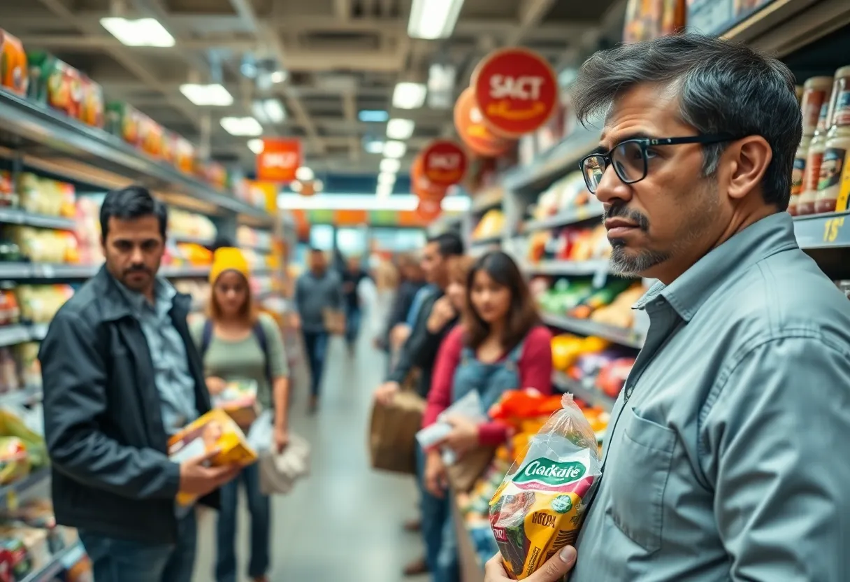 Grocery store in NYC with shelves of products and shoppers looking concerned.