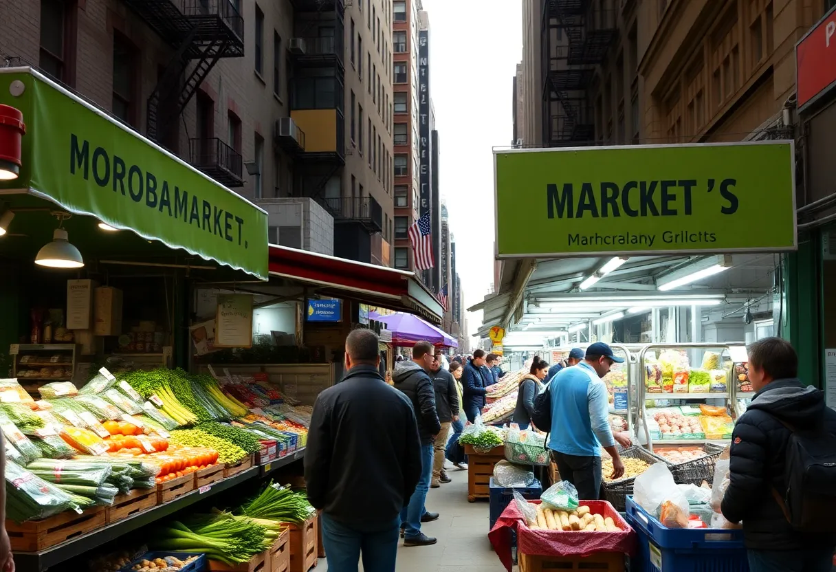 A lively grocery shopping scene in New York City.