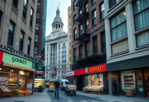 Grocery store scene in New York City with various storefronts.