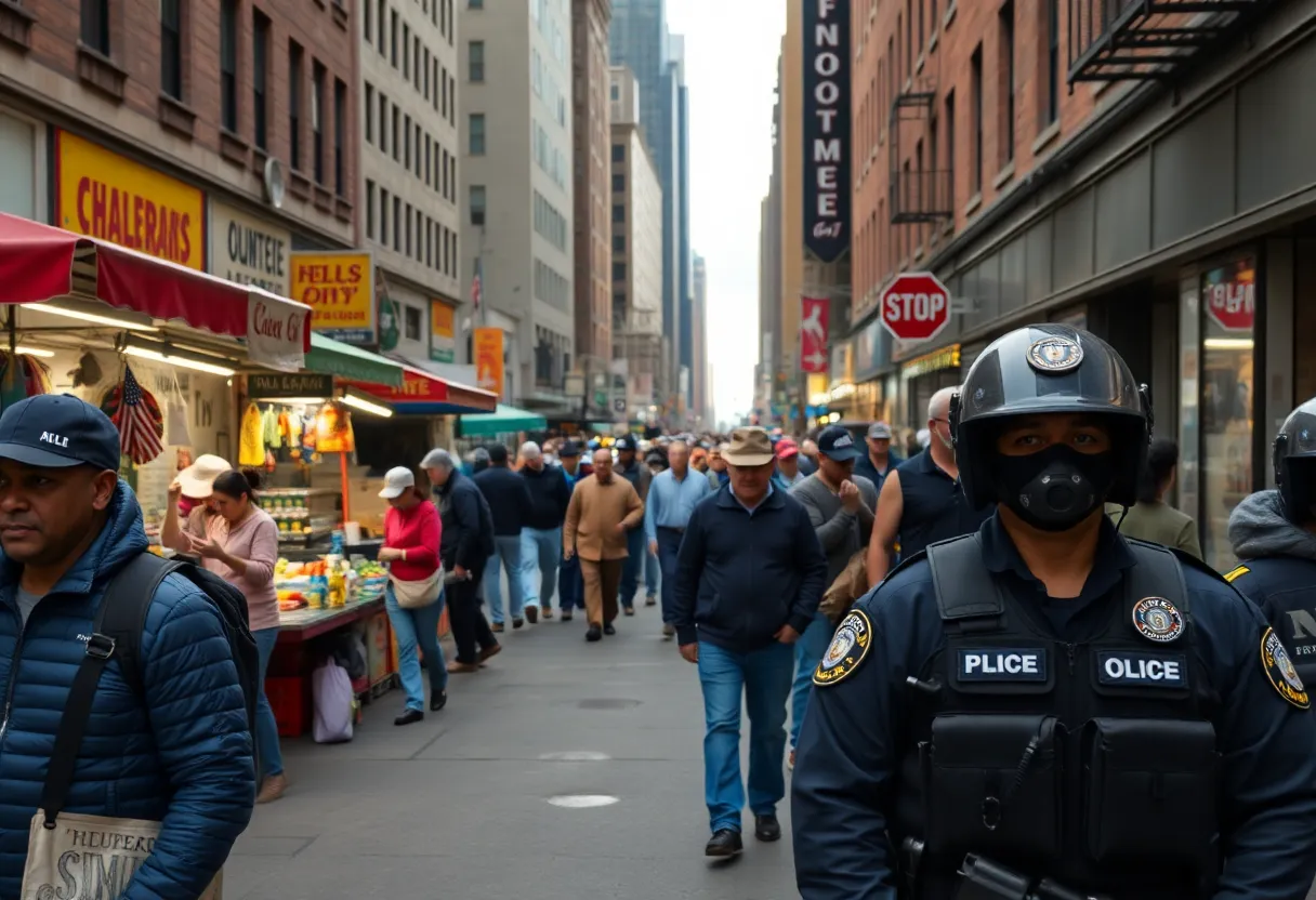 Scene depicting a diverse New York City street with vendors