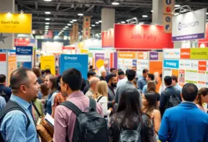 Scene from New York City job fair with diverse job seekers and employers