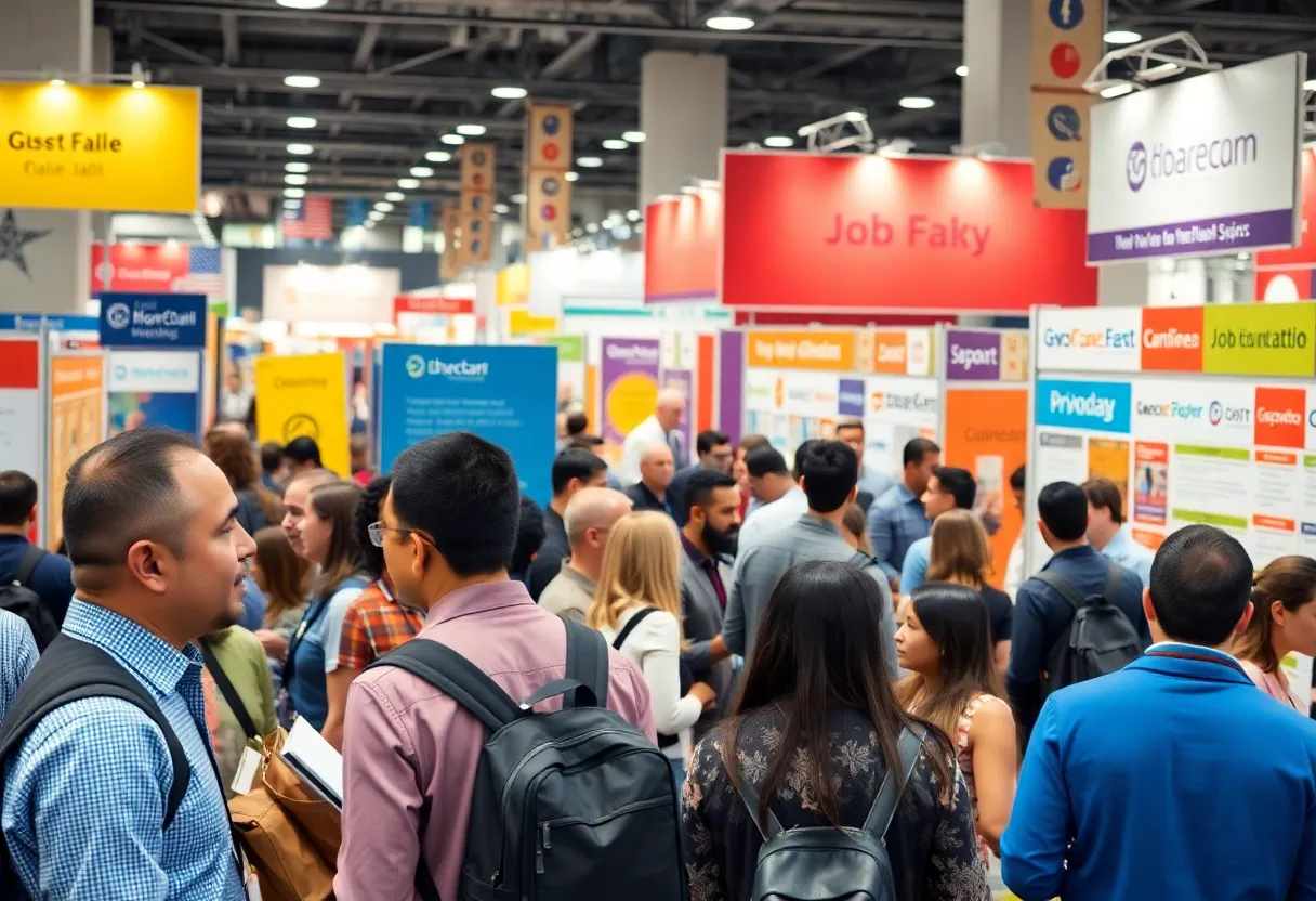 Scene from New York City job fair with diverse job seekers and employers