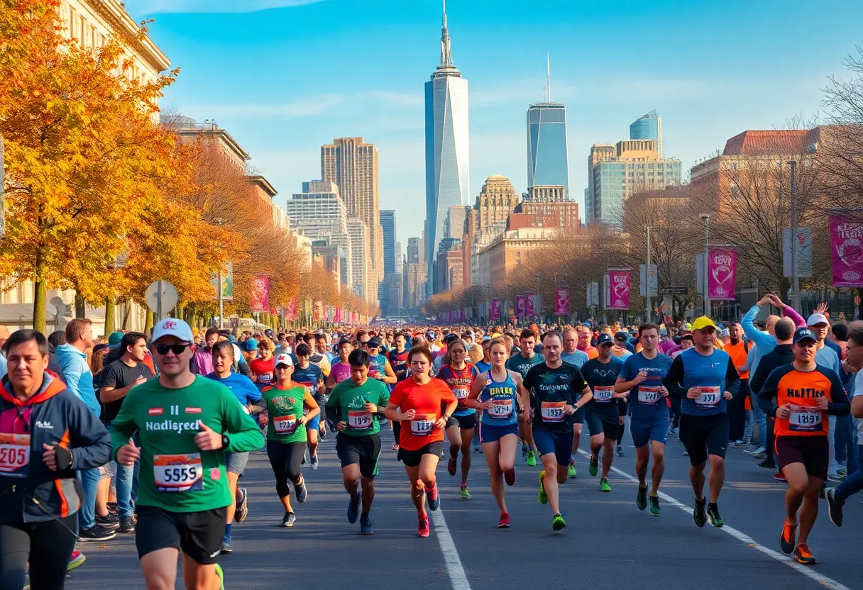 Runners participating in the New York City Marathon, with the skyline of New York City in the background