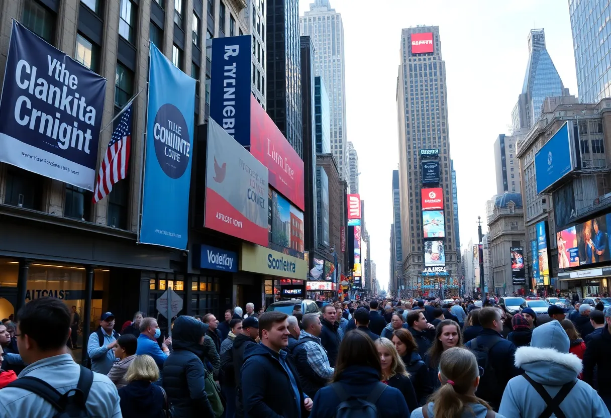 New York City streets during the mayoral campaign with banners and public engagement.