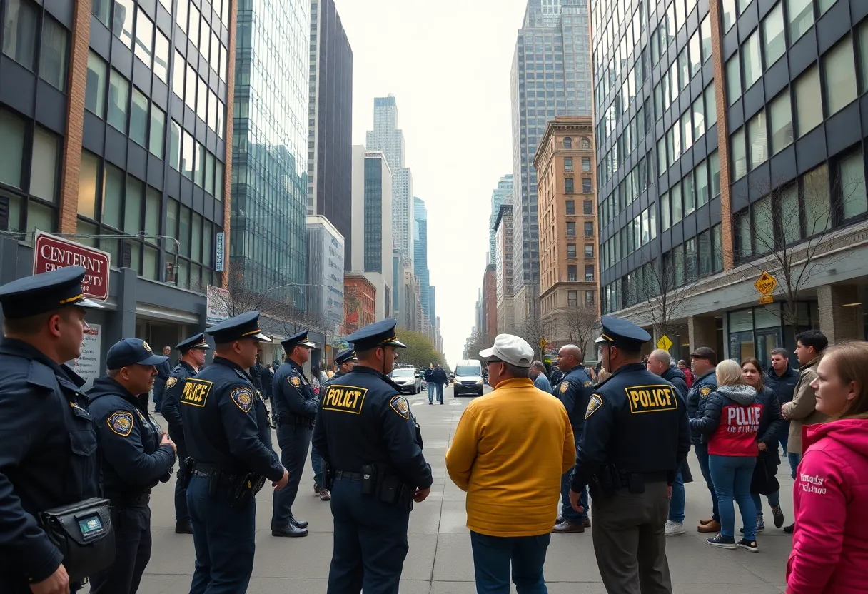 Police officers interacting with community members in New York City.