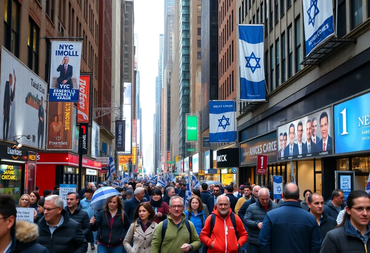 New York City street with political elements reflecting the invitation to Israeli Prime Minister.