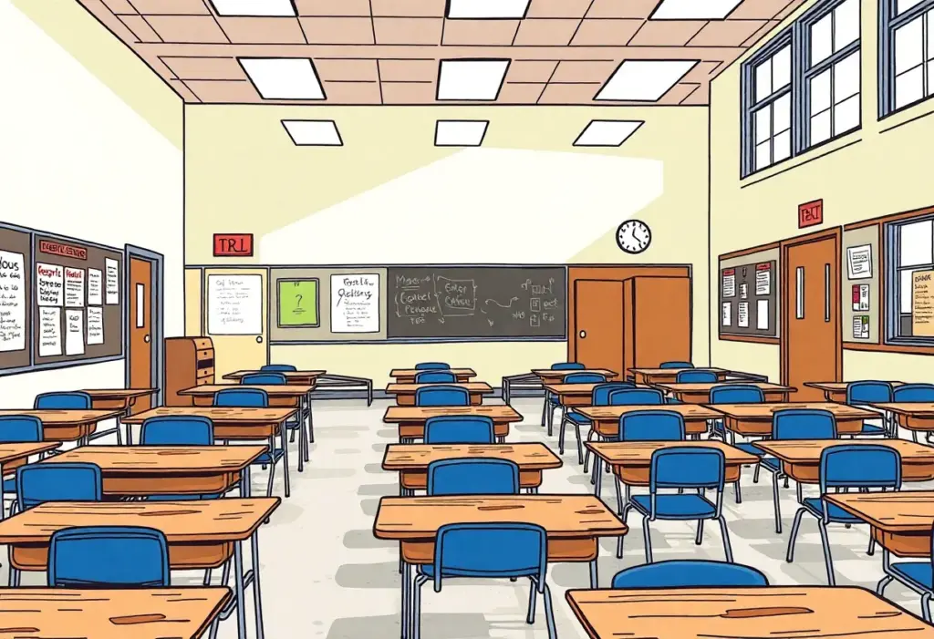An empty classroom in a New York City public school representing declining student enrollment.