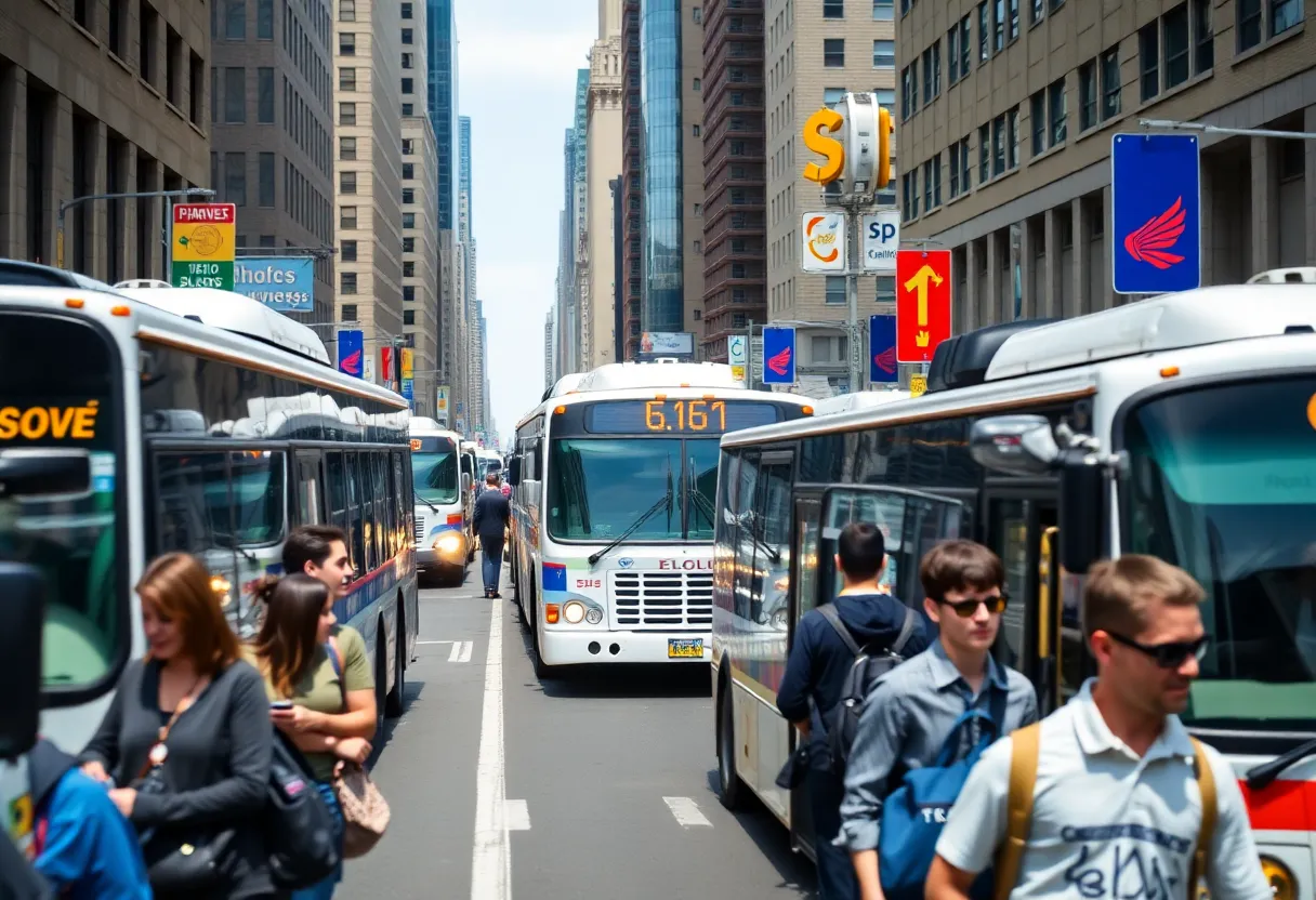 New York City street with buses and commuters