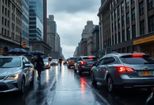 Rainstorm in New York City affecting evening commute