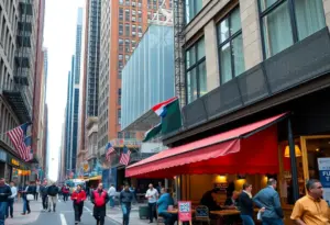 Busy New York City street with restaurants, depicting a moment of uncertainty in the local business climate.