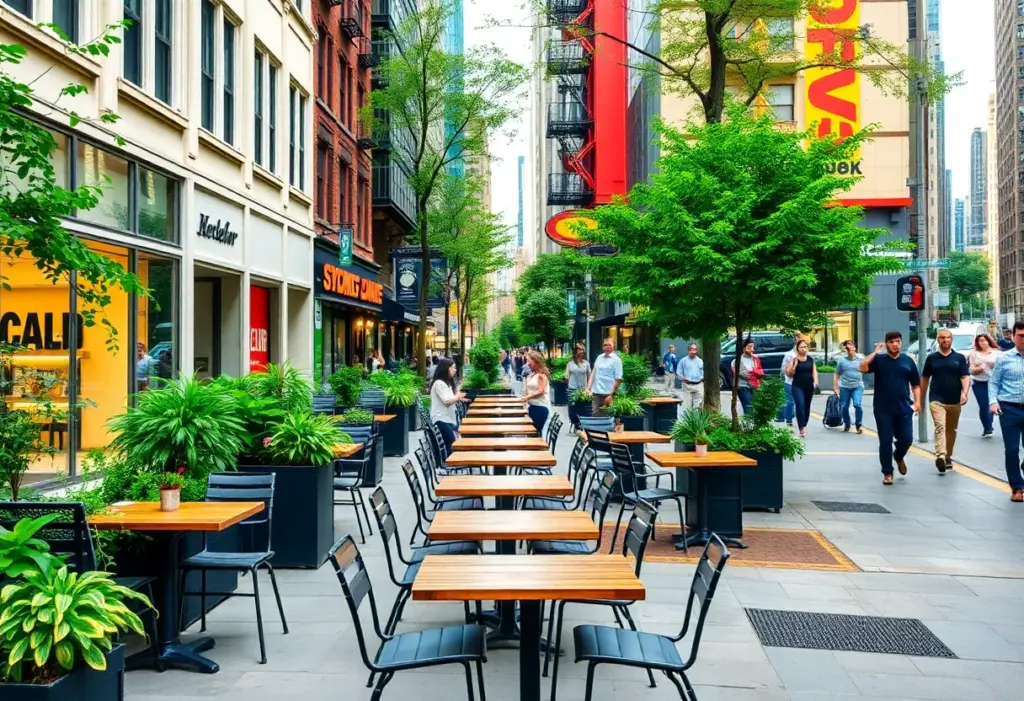 Proposed streetscape in NYC featuring outdoor dining and pedestrian pathways