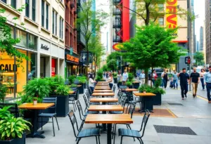 Proposed streetscape in NYC featuring outdoor dining and pedestrian pathways