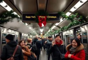 An NYC subway station filled with holiday decorations and commuters, showcasing diffusers releasing a pine scent.