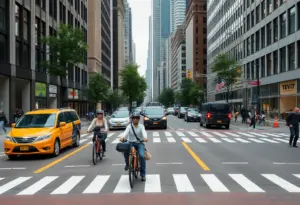 New York City street scene with various road users, illustrating traffic safety improvements.