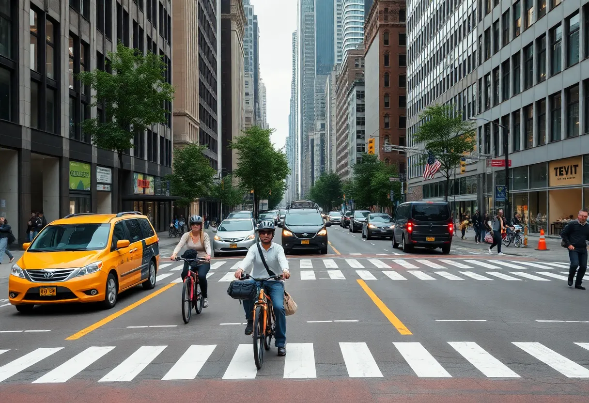 New York City street scene with various road users, illustrating traffic safety improvements.