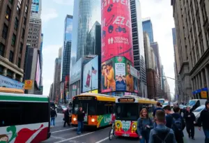 New York City skyline with a focus on transportation and childcare themes