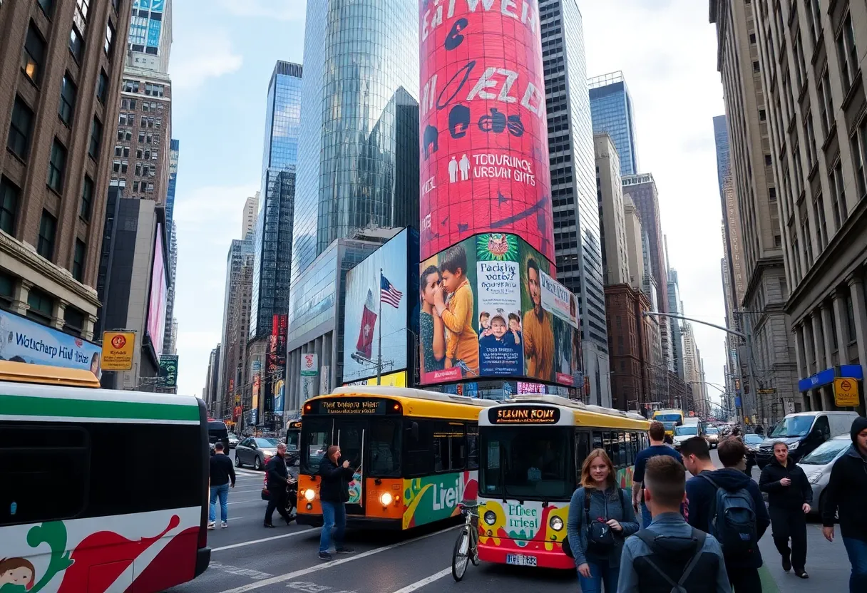 New York City skyline with a focus on transportation and childcare themes