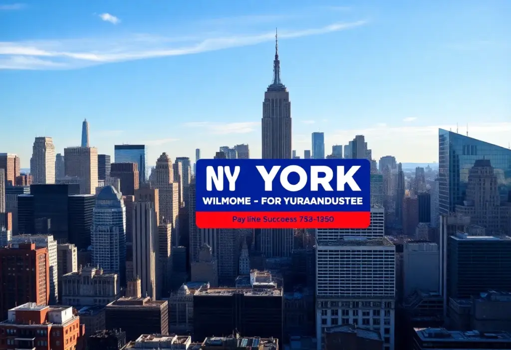 A vibrant skyline of New York City with a campaign banner promoting civic engagement.