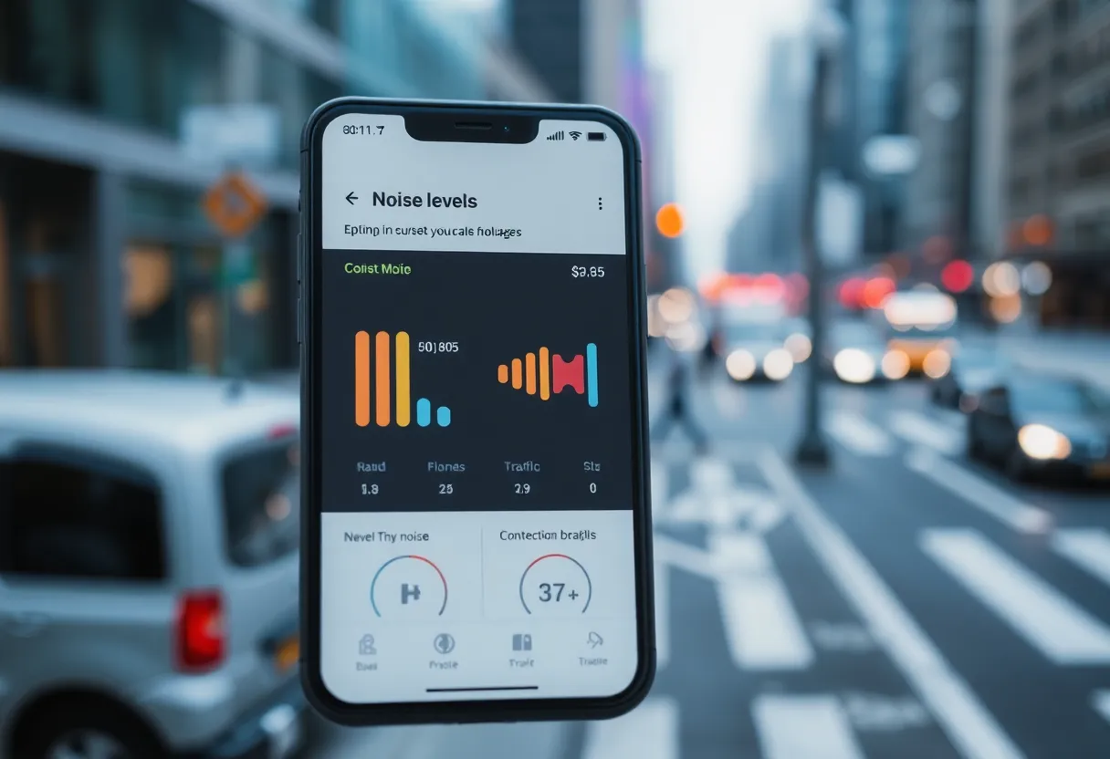 Interface of the NYC Noise app displaying noise levels and classifications