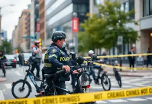 NYPD officers at a crime scene linked to e-bike robberies in New York City.