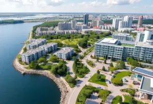 Conceptual image of the OneLIC neighborhood featuring affordable housing and community spaces.