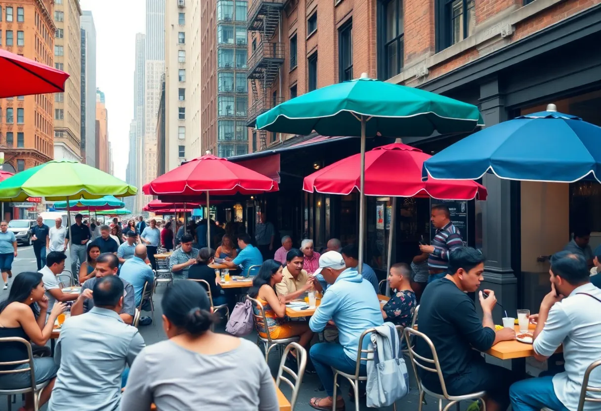 A bustling outdoor dining area in New York City with people enjoying food at tables along the street.