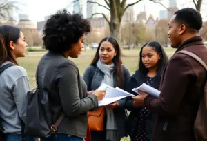 Parents in a park discussing educational options for their children in NYC.