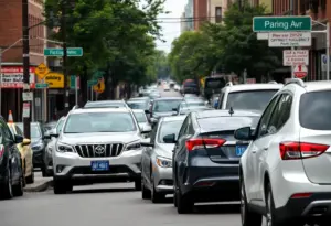 Busy street on McDonald Avenue in Brooklyn with parked cars and local businesses