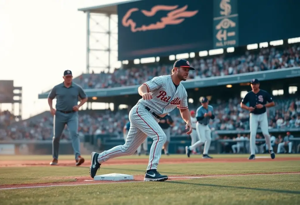 Baseball players engaged in a game at a stadium