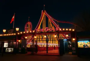 Amusement park entrance at night with lights and a roller coaster