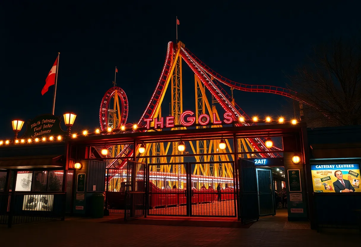 Amusement park entrance at night with lights and a roller coaster