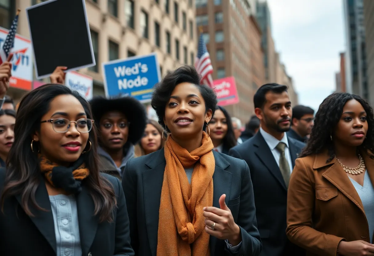 A scene representing political transition in NYC with emerging leaders.